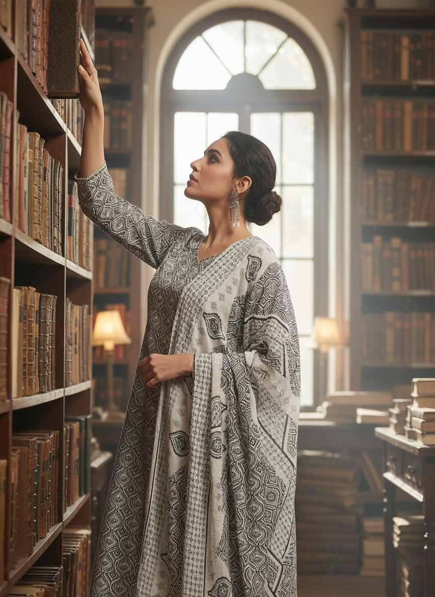Pure Cotton Firdous Grey Printed Kurta Set with Dupatta Featuring Hand Beaded Neckline Detail