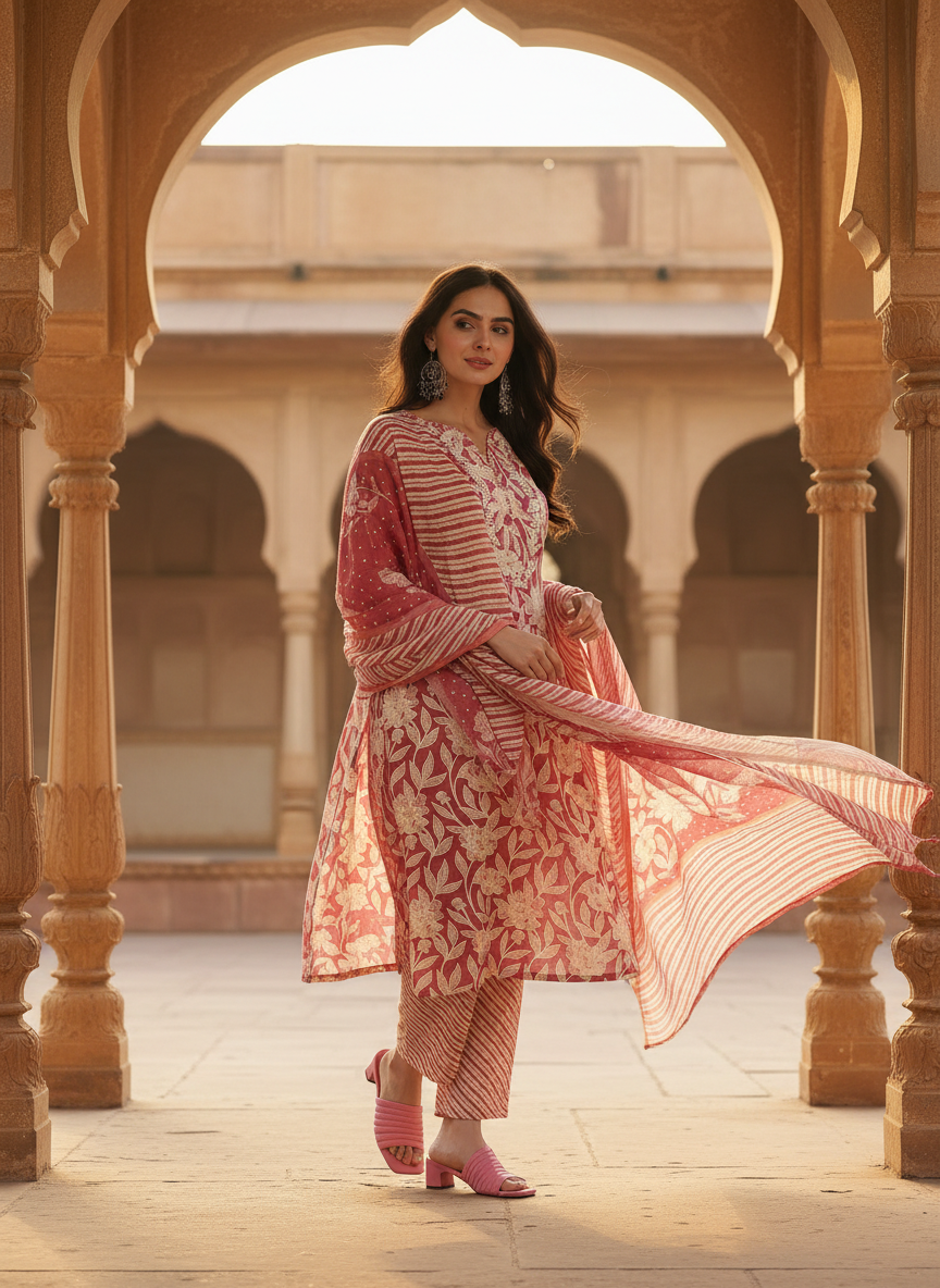 Pure Cotton Red Floral Printed Kurta Set with Thread Embroidered Neckline and Dupatta
