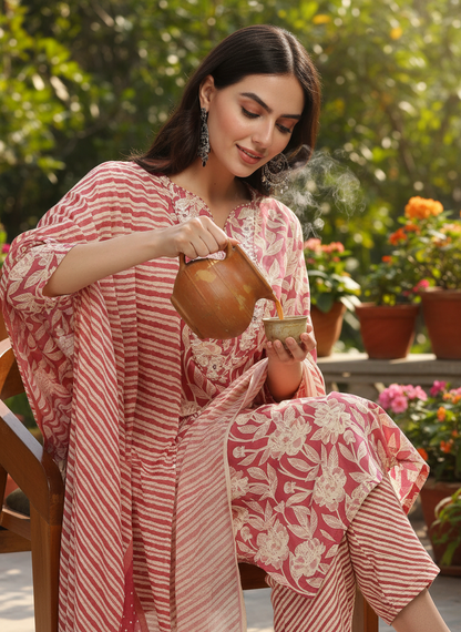 Pure Cotton Red Floral Printed Kurta Set with Thread Embroidered Neckline and Dupatta