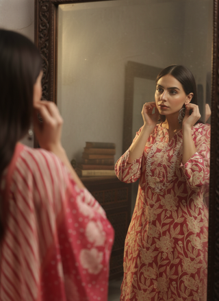 Pure Cotton Red Floral Printed Kurta Set with Thread Embroidered Neckline and Dupatta