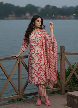 Pure Cotton Red Floral Printed Kurta Set with Thread Embroidered Neckline and Dupatta