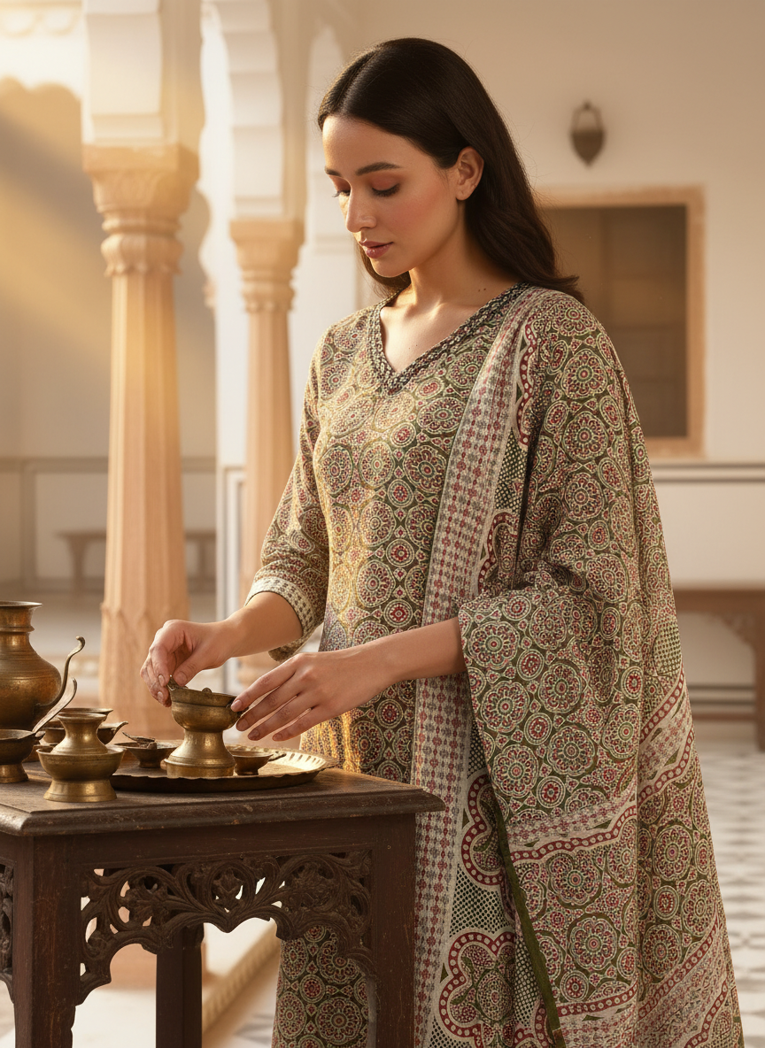 Pure Cotton Olive Printed Kurta Set with Thread Embroidery, Mirror & Sequin Work with Dupatta