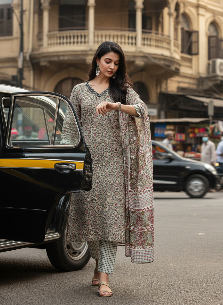 Pure Cotton Olive Printed Kurta Set with Thread Embroidery, Mirror & Sequin Work with Dupatta
