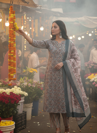 Pure Cotton Firdous Grey Paisley & Floral Printed Kurta Set with Buttoned Placket and Coordinated Dupatta