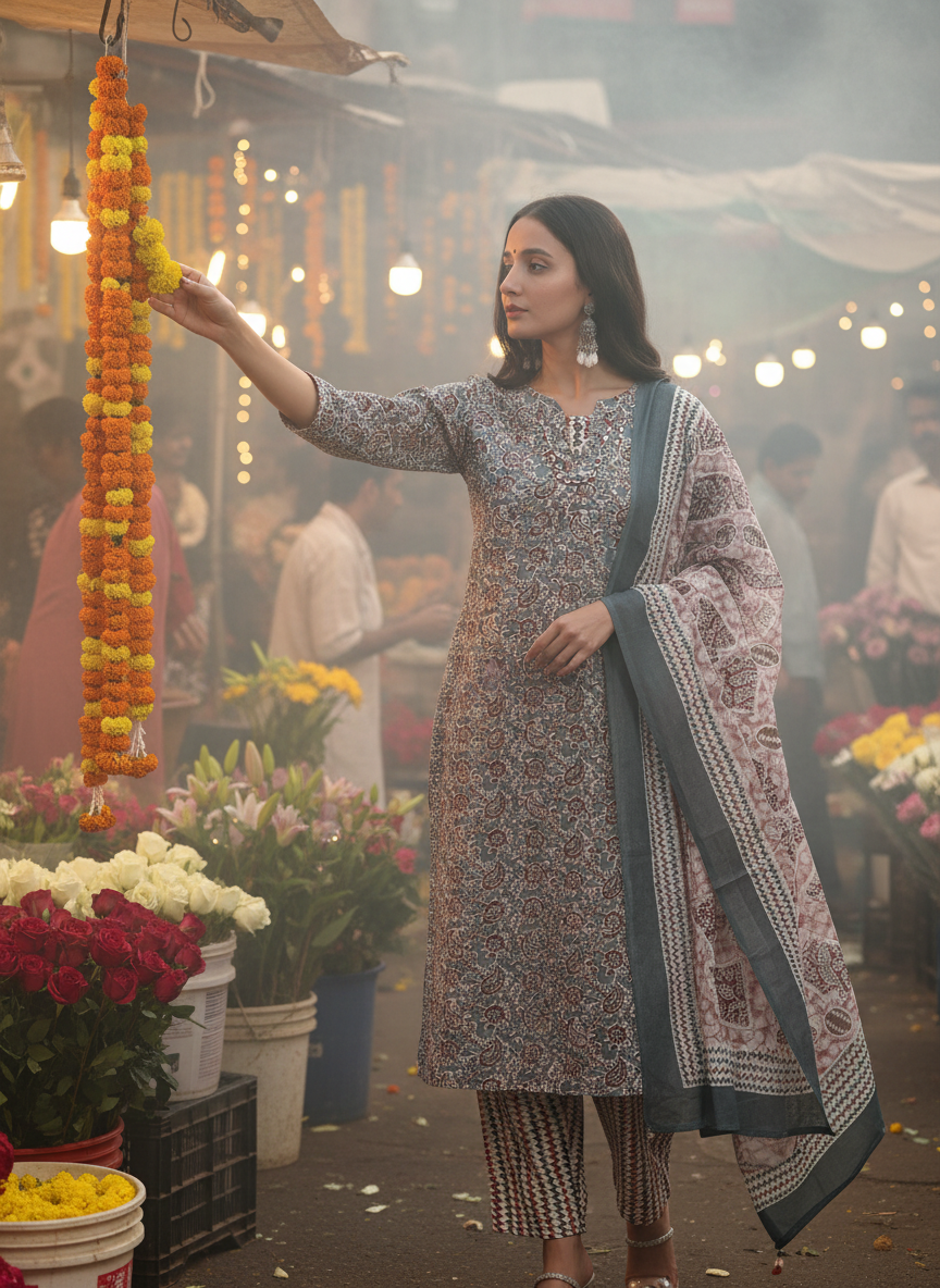 Pure Cotton Firdous Grey Paisley & Floral Printed Kurta Set with Buttoned Placket and Coordinated Dupatta