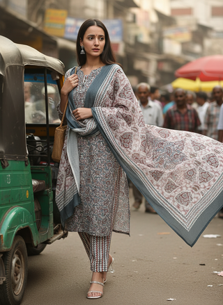 Pure Cotton Firdous Grey Paisley & Floral Printed Kurta Set with Buttoned Placket and Coordinated Dupatta