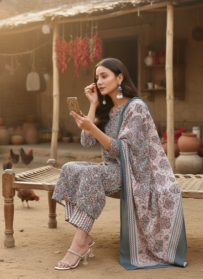 Pure Cotton Firdous Grey Paisley & Floral Printed Kurta Set with Buttoned Placket and Coordinated Dupatta