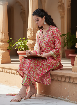 Firdous Pure Cotton Red Floral Printed Kurta Set with Subtle Mirror & Thread Embroidery Neckline and Dupatta