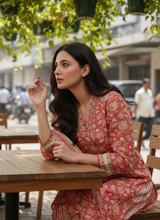 Firdous Pure Cotton Red Floral Printed Kurta Set with Subtle Mirror & Thread Embroidery Neckline and Dupatta