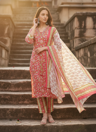 Firdous Pure Cotton Red Floral Printed Kurta Set with Subtle Mirror & Thread Embroidery Neckline and Dupatta