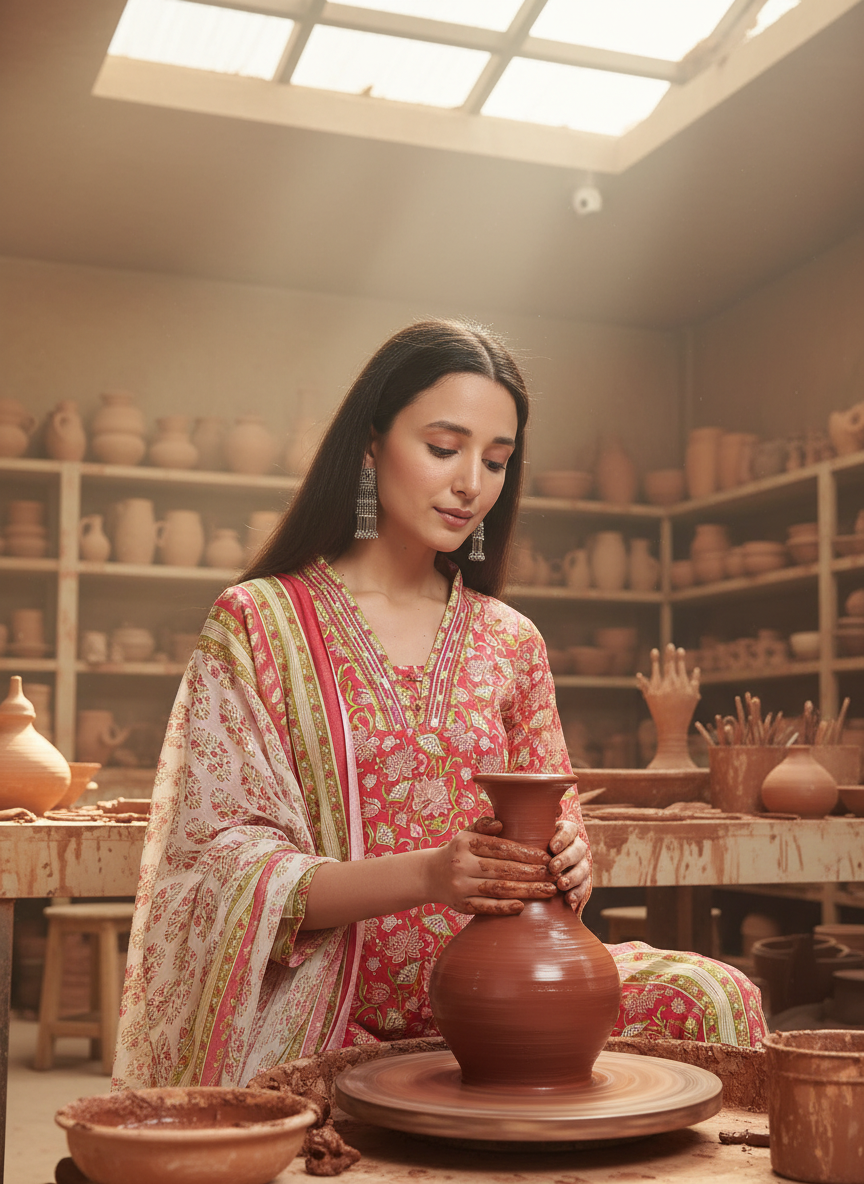 Firdous Pure Cotton Red Floral Printed Kurta Set with Subtle Mirror & Thread Embroidery Neckline and Dupatta