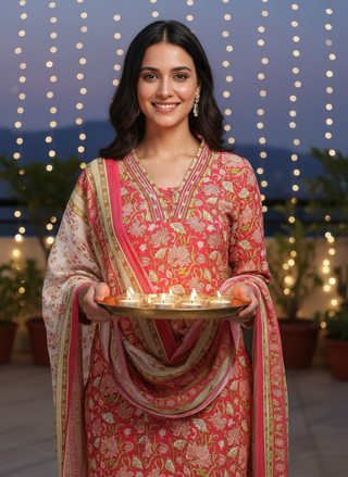 Firdous Pure Cotton Red Floral Printed Kurta Set with Subtle Mirror & Thread Embroidery Neckline and Dupatta