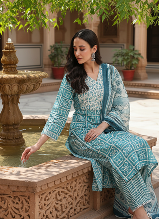 Pure Cotton Blue Hand Block Inspired Printed Kurta Set with Mirror & Thread Embroidery and Dupatta