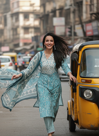 Pure Cotton Blue Hand Block Inspired Printed Kurta Set with Mirror & Thread Embroidery and Dupatta