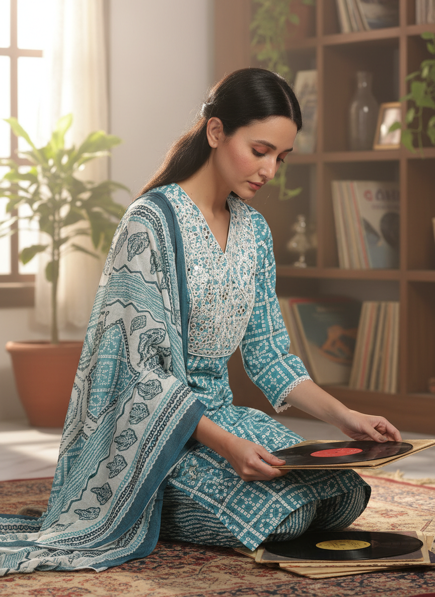 Pure Cotton Blue Hand Block Inspired Printed Kurta Set with Mirror & Thread Embroidery and Dupatta