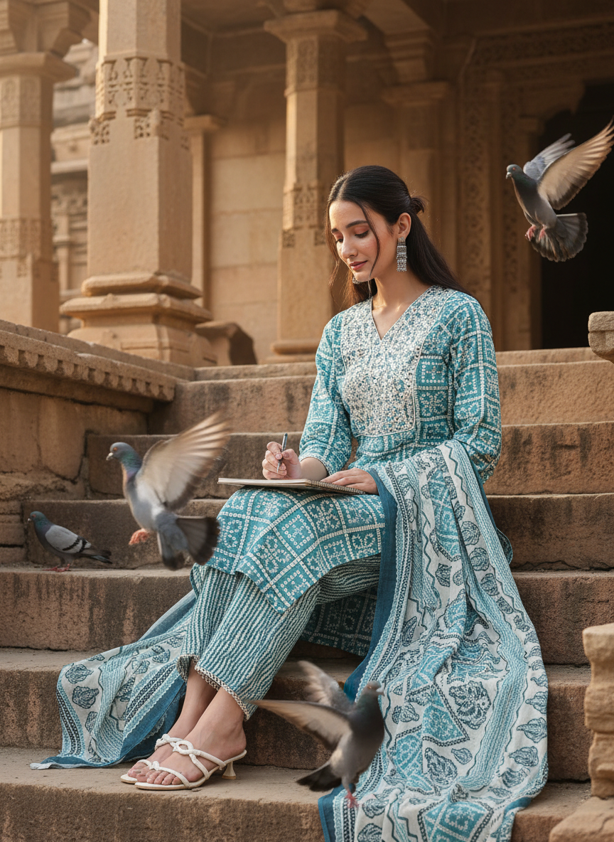 Pure Cotton Blue Hand Block Inspired Printed Kurta Set with Mirror & Thread Embroidery and Dupatta