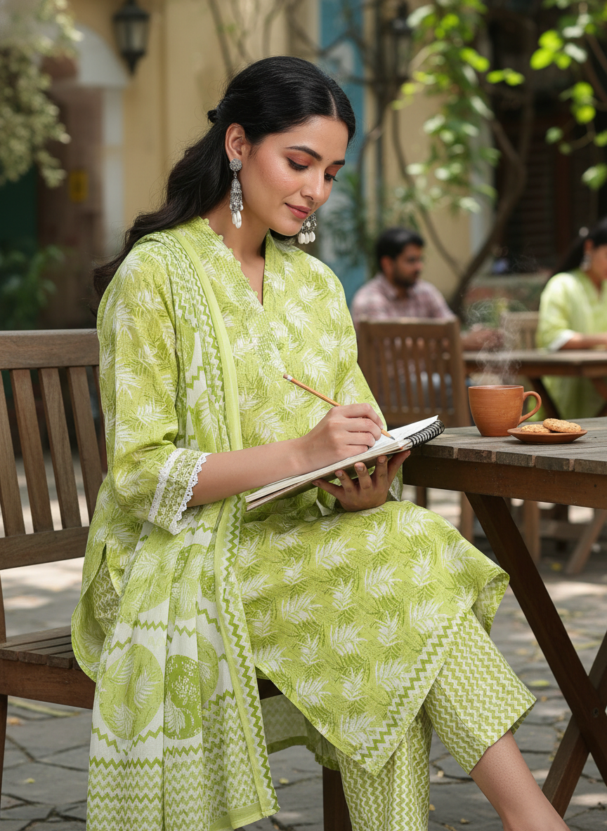 Pure Cotton Green Printed Kurta Set with Dupatta Featuring Contrast Thread Work Neckline