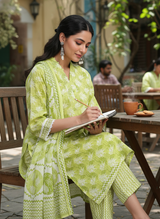 Pure Cotton Green Printed Kurta Set with Dupatta Featuring Contrast Thread Work Neckline