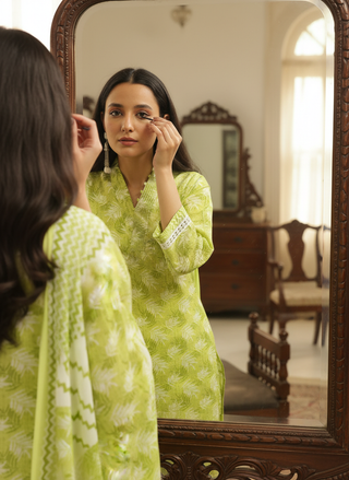 Pure Cotton Green Printed Kurta Set with Dupatta Featuring Contrast Thread Work Neckline