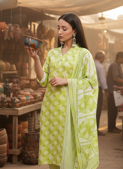Pure Cotton Green Printed Kurta Set with Dupatta Featuring Contrast Thread Work Neckline