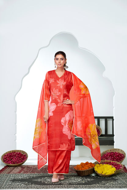 Farida Red Floral Printed Kurta Set with Dupatta featuring Handcrafted Glass Bugle & Pearl Embellished Neckline, Satin Silk with Cotton Mul Lining