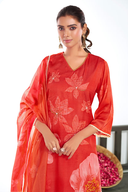Farida Red Floral Printed Kurta Set with Dupatta featuring Handcrafted Glass Bugle & Pearl Embellished Neckline, Satin Silk with Cotton Mul Lining