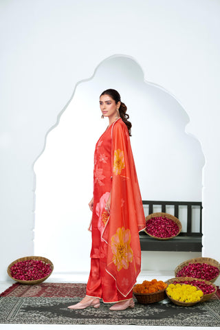 Farida Red Floral Printed Kurta Set with Dupatta featuring Handcrafted Glass Bugle & Pearl Embellished Neckline, Satin Silk with Cotton Mul Lining