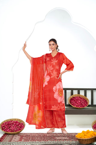 Farida Red Floral Printed Kurta Set with Dupatta featuring Handcrafted Glass Bugle & Pearl Embellished Neckline, Satin Silk with Cotton Mul Lining