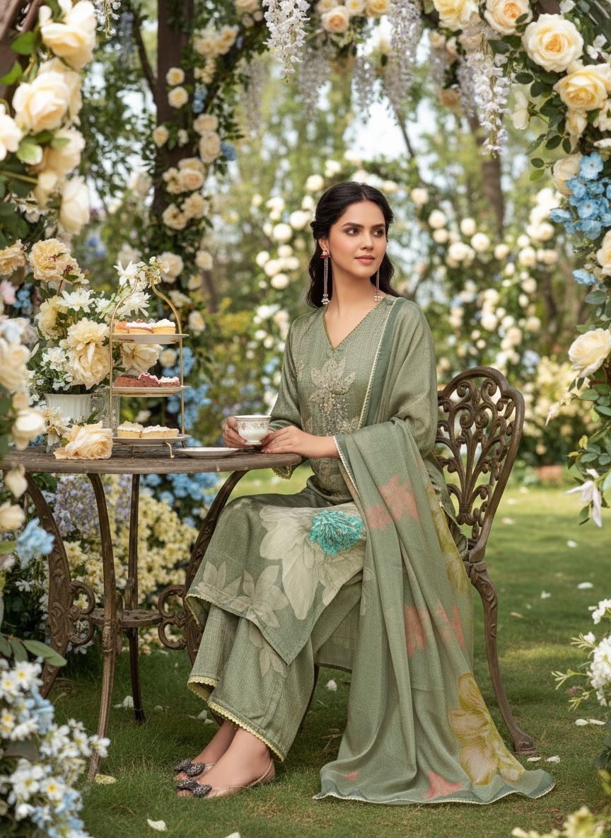 Farida Grey Floral Printed Kurta Set with Dupatta featuring Handcrafted Glass Bugle & Pearl Embellished Neckline, Satin Silk with Cotton Mul Lining
