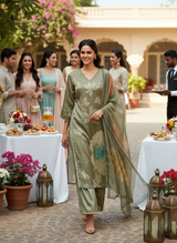 Farida Grey Floral Printed Kurta Set with Dupatta featuring Handcrafted Glass Bugle & Pearl Embellished Neckline, Satin Silk with Cotton Mul Lining