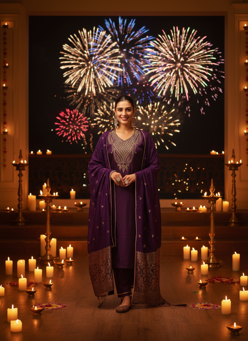 Gita Emerald Purple Zari-Resham Embroidered Yoke Chanderi Silk Kurta Set with Lace Border Dupatta & Cotton Mul Lining