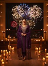 Gita Emerald Purple Zari-Resham Embroidered Yoke Chanderi Silk Kurta Set with Lace Border Dupatta & Cotton Mul Lining