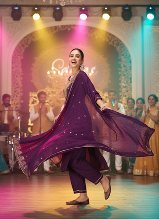 Gita Emerald Purple Zari-Resham Embroidered Yoke Chanderi Silk Kurta Set with Lace Border Dupatta & Cotton Mul Lining