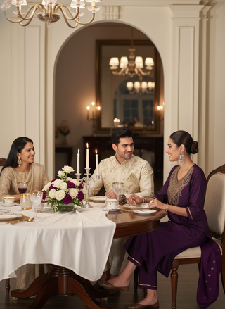 Gita Emerald Purple Zari-Resham Embroidered Yoke Chanderi Silk Kurta Set with Lace Border Dupatta & Cotton Mul Lining