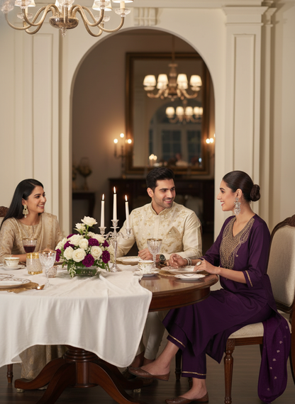 Gita Emerald Purple Zari-Resham Embroidered Yoke Chanderi Silk Kurta Set with Lace Border Dupatta & Cotton Mul Lining