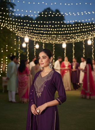 Gita Emerald Purple Zari-Resham Embroidered Yoke Chanderi Silk Kurta Set with Lace Border Dupatta & Cotton Mul Lining