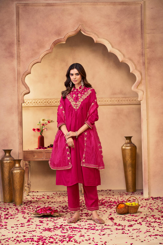 Himawari Muslin Fuschia Kurta Set with Dupatta