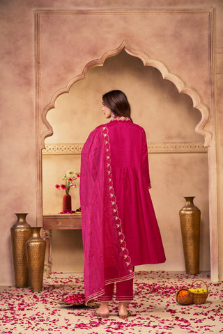 Himawari Fuchsia Handcrafted Golden Zari Dori & Dabka Thread Embroidered Suit Set with Glass Bugle & Sequin Embellished Neck and Dupatta in Pure Muslin with Pure Cotton Mul Lining