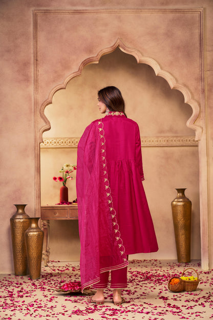 Himawari Fuchsia Handcrafted Golden Zari Dori & Dabka Thread Embroidered Suit Set with Glass Bugle & Sequin Embellished Neck and Dupatta in Pure Muslin with Pure Cotton Mul Lining