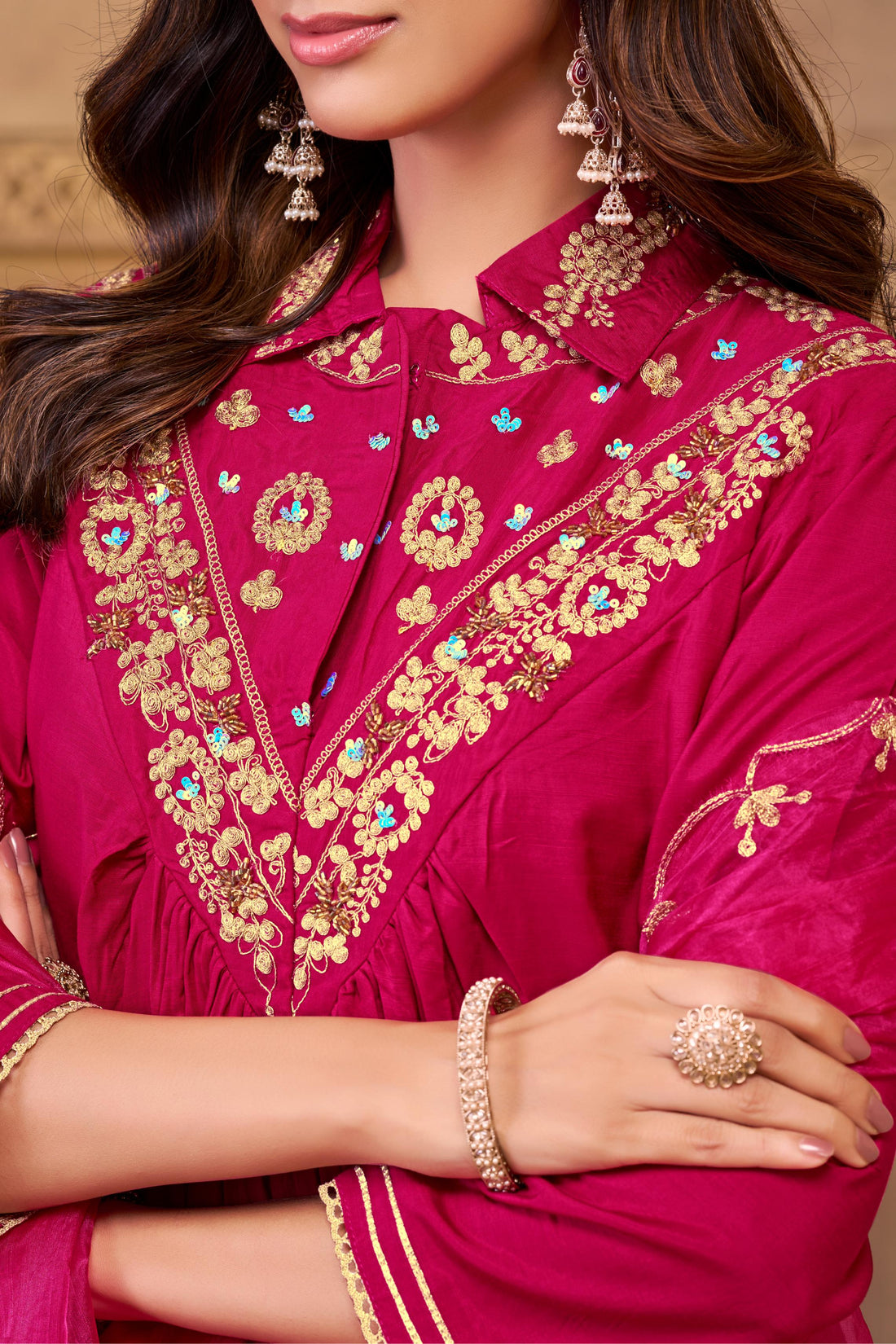 Himawari Fuchsia Handcrafted Golden Zari Dori & Dabka Thread Embroidered Suit Set with Glass Bugle & Sequin Embellished Neck and Dupatta in Pure Muslin with Pure Cotton Mul Lining