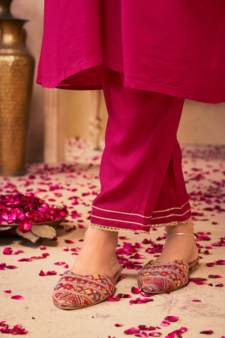 Himawari Fuchsia Handcrafted Golden Zari Dori & Dabka Thread Embroidered Suit Set with Glass Bugle & Sequin Embellished Neck and Dupatta in Pure Muslin with Pure Cotton Mul Lining