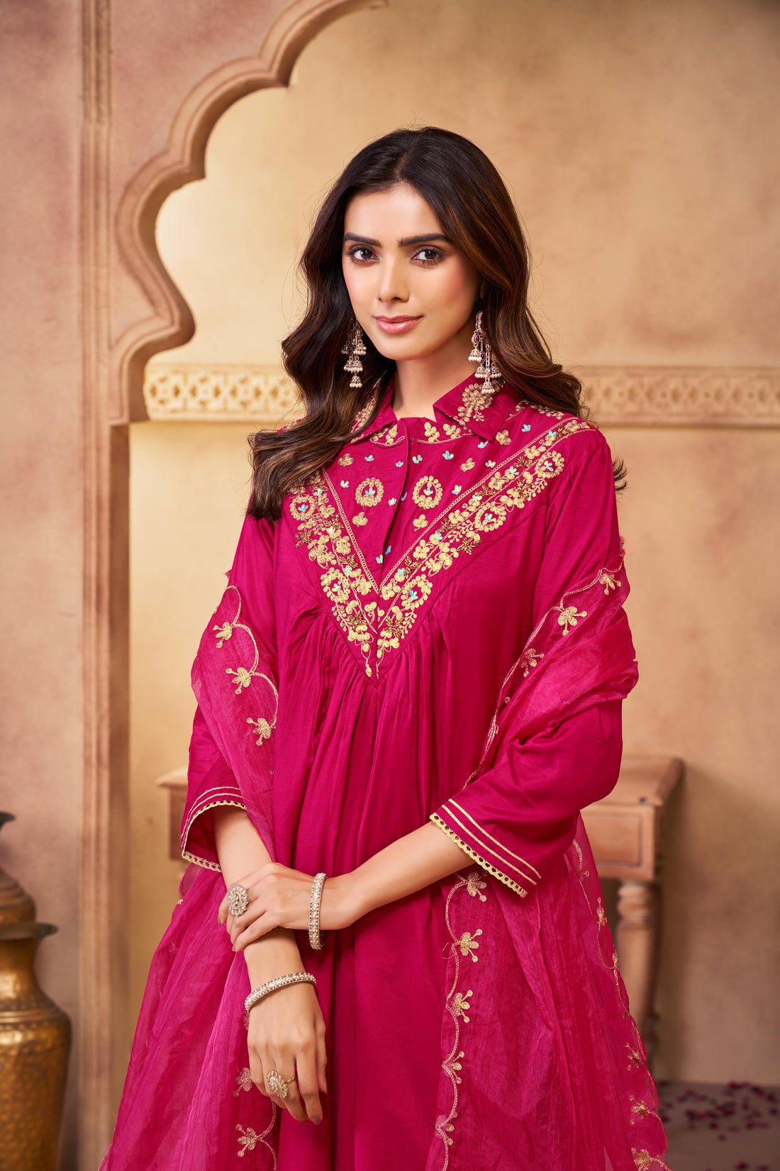 Himawari Fuchsia Handcrafted Golden Zari Dori & Dabka Thread Embroidered Suit Set with Glass Bugle & Sequin Embellished Neck and Dupatta in Pure Muslin with Pure Cotton Mul Lining