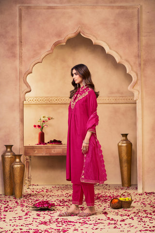 Himawari Fuchsia Handcrafted Golden Zari Dori & Dabka Thread Embroidered Suit Set with Glass Bugle & Sequin Embellished Neck and Dupatta in Pure Muslin with Pure Cotton Mul Lining