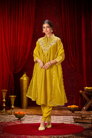 Himawari Mustard Handcrafted Silver Zari Dori & Dabka Thread Embroidered Suit Set with Glass Bugle & Sequin Embellished Neck and Dupatta in Pure Muslin with Pure Cotton Mul Lining