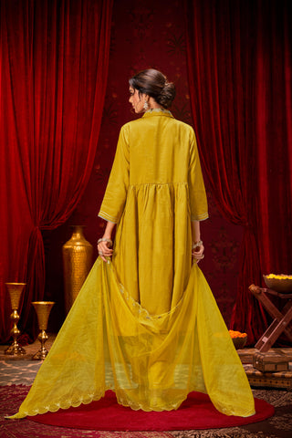 Himawari Mustard Handcrafted Silver Zari Dori & Dabka Thread Embroidered Suit Set with Glass Bugle & Sequin Embellished Neck and Dupatta in Pure Muslin with Pure Cotton Mul Lining