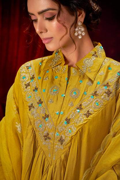 Himawari Mustard Handcrafted Silver Zari Dori & Dabka Thread Embroidered Suit Set with Glass Bugle & Sequin Embellished Neck and Dupatta in Pure Muslin with Pure Cotton Mul Lining