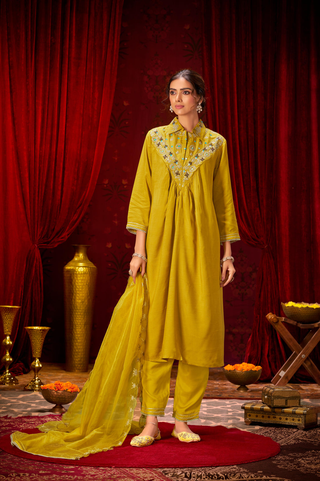Himawari Mustard Handcrafted Silver Zari Dori & Dabka Thread Embroidered Suit Set with Glass Bugle & Sequin Embellished Neck and Dupatta in Pure Muslin with Pure Cotton Mul Lining