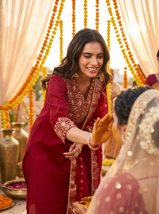 Ashima Red Hand Zari and Dori Embroidered Suit Set with Bead Detailing in Pure Muslin with Pure Cotton Mul Lining