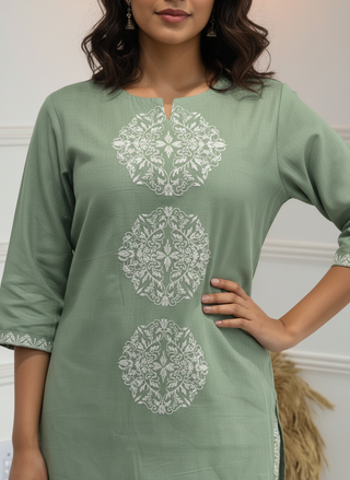 Hazel Green Pure Cotton Kurta Set with White Floral Medallion Thread Embroidery