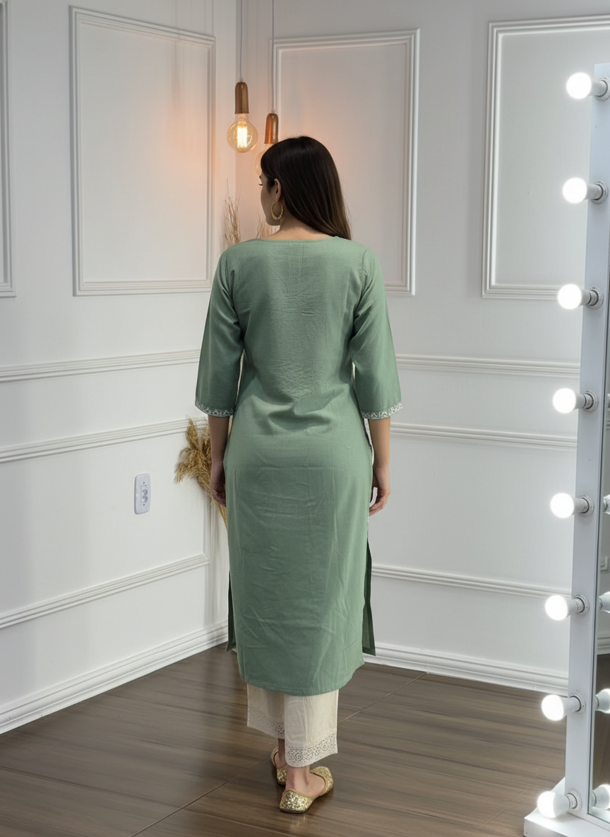 BulBul Hazel Green Embroidered Solid Cotton Kurta Set